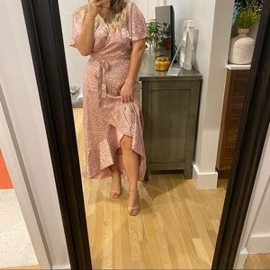 Simplee Pink Satin Leopard Wrap Dress